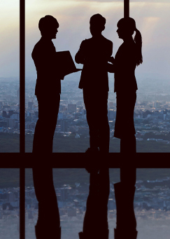 Three business professionals standing by window overlooking the city